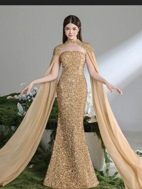 Faeriesty Gold Sequin Strapless Maxi Gown with Draped Cape 2 piece